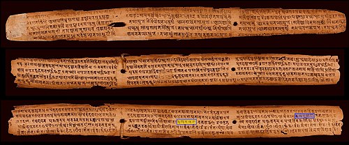 A palm leaf manuscript published in 828 CE with the Sanskrit alphabet